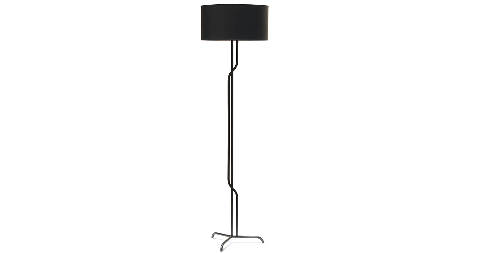 Eric Jourdan, 50s style floor lamp with 3 feet supporting 2 stems that intersect in zig zag in black wrought iron, and a round black lampshade