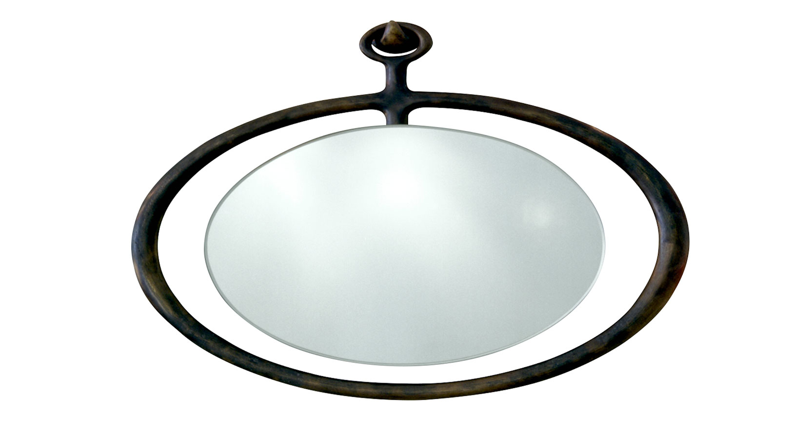Eric Robin, horizontal oval mirror frame in n brown bronze, with a smaller oval mirror suspended in the air all hanging from a wall hook in brown bronze