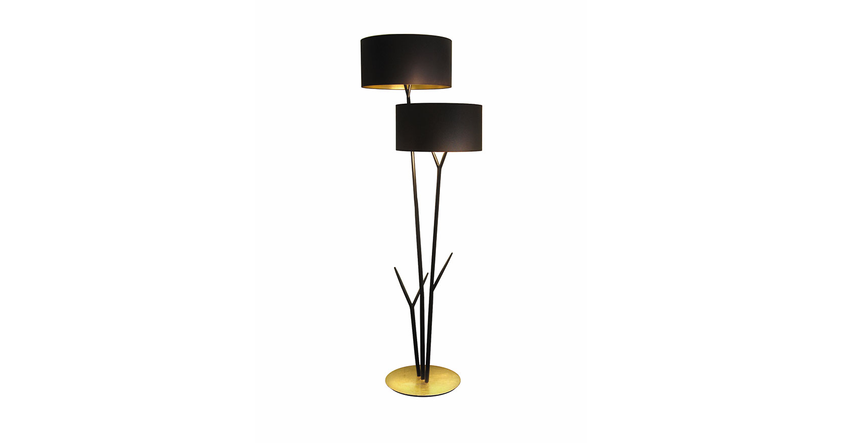 Eric Robin, spectacular sculptural floor lamp with 2 stems like branches in black wrought iron which start from a round golden base, a black oval lampshade per stem