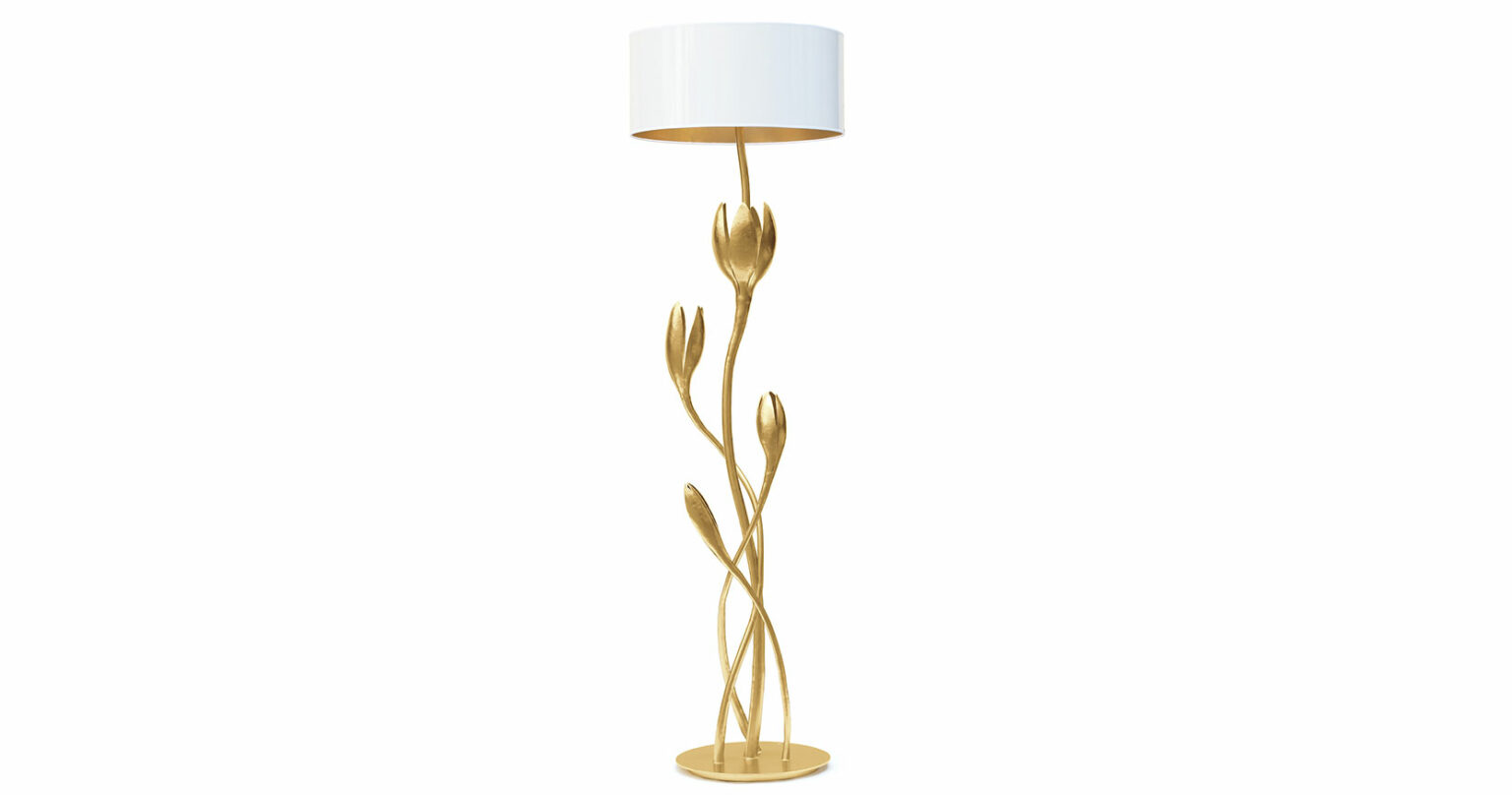 Eric Robin, spectacular sculptural floor lamp, with a round base in gilded wrought iron and stems of large stylized flowers, large oval white lampshade
