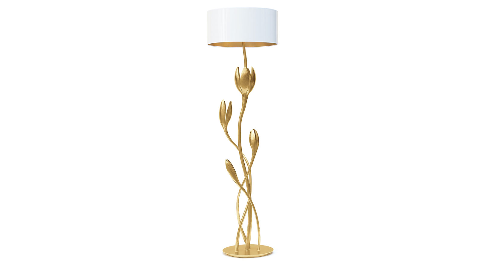 Eric Robin, spectacular sculptural floor lamp, with a round base in gilded wrought iron and stems of large stylized flowers, large oval white lampshade