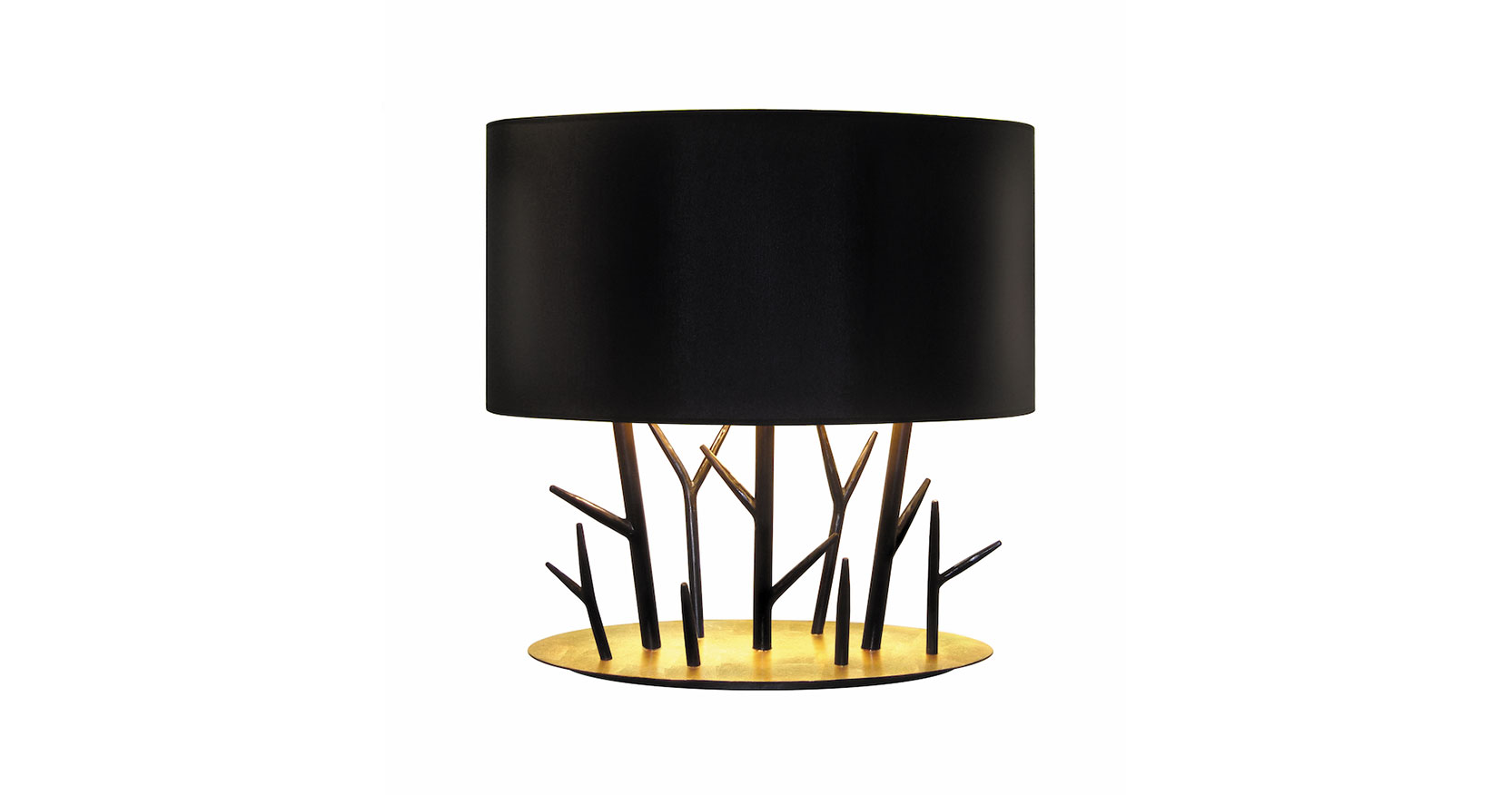 Eric Robin sculpted iron lamp. Gold leaf gilded base with many black patinated iron braches, the central stem supports lampshade with a shiny gold interior and black exterior.