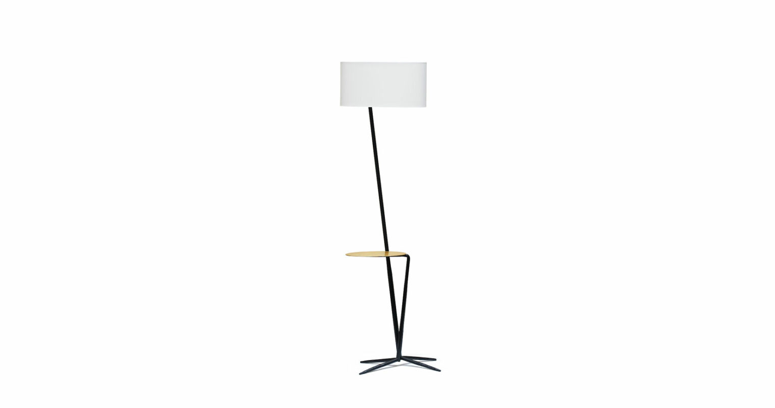 Eric Robin, graphic floor lamp, 4 horizontal legs in black wrought iron One stem with a golden oval shelf and another higher stem that holds a white oval lampshade