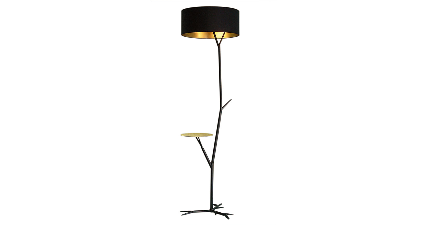 Eric Robin, sculptural floor lamp with a foot in the shape of a black wrought iron branch, a small golden tablet that comes out of the branch, and an oval black exterior and gold interior lampshade
