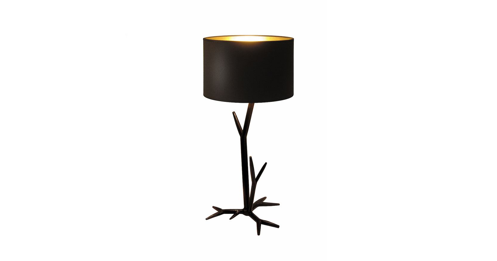 Eric Robin sculpted iron lamp. Black patinated base representing the roots with a black patinated iron central stem supporting a lampshade with a shiny gold interior and black exterior.