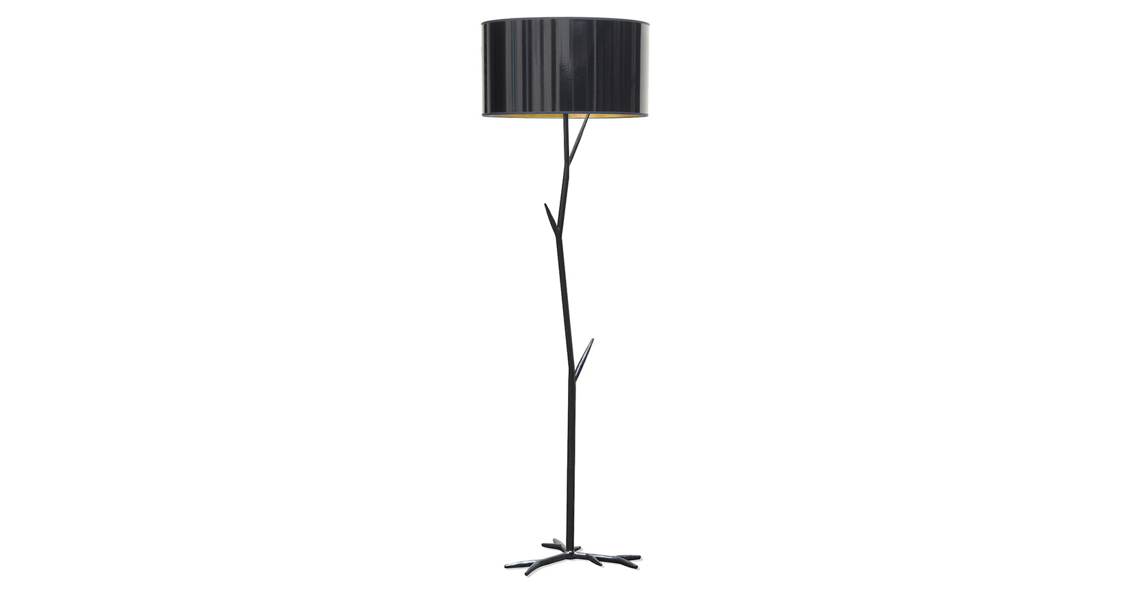 Eric Robin, floor lamp with a black wrought iron stem in the shape of branches, base in the shape of roots, round black lampshade