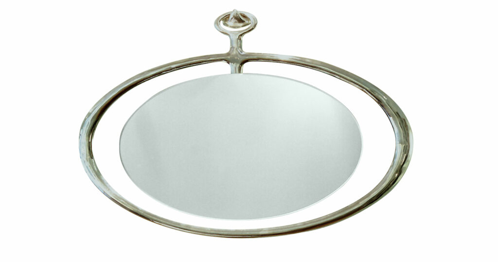 Eric Robin, horizontal oval mirror frame in silvered bronze, with a smaller oval mirror suspended in the air all hanging from a wall hook in silvered bronze