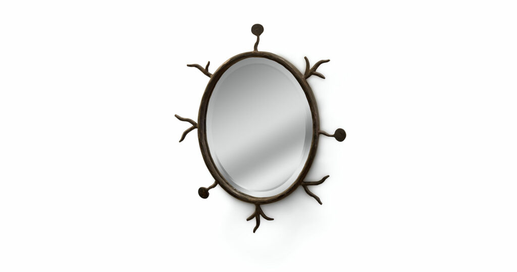 Eric Schmitt mirror frame in patinated wrought iron with eight sculpted iron motifs around the oval frame.