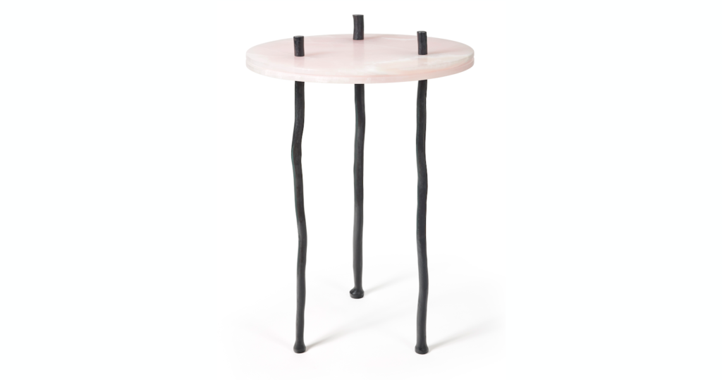Eric Schmitt, side table with a round pink marble top, and 3 curved legs in black bronze