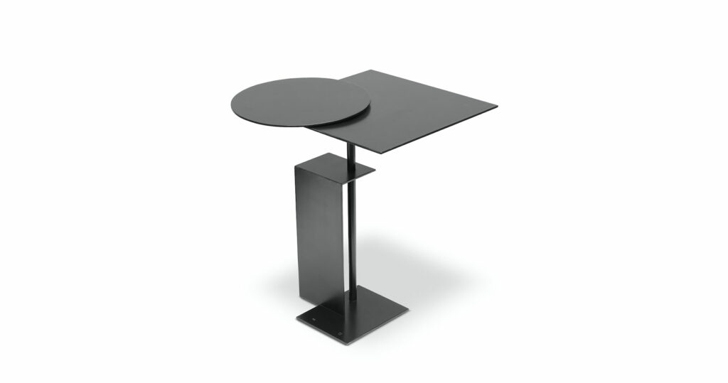 Eric Schmitt, small geometric architectural table in folded black metal, top with a round pivoting top, here open, on the square, rectangular base