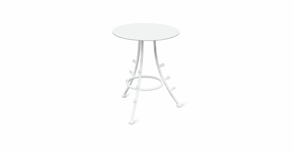 Eric Schmitt, tripod pedestal table in white wrought iron, round top in white metal