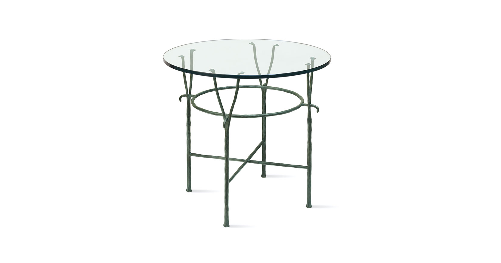 Garouste Bonetti, round minimalist small table with 4 green bronze legs ending in two forks and a glass top