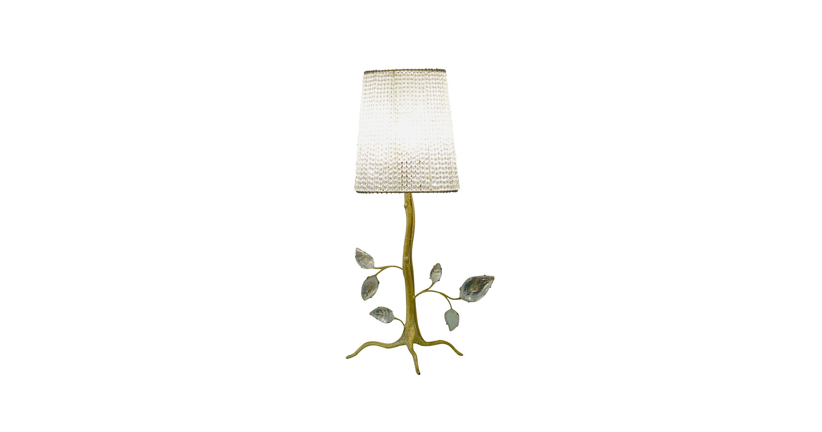 Garouste Bonettti, small bronze lamp gilded with gold leaf in the form of a little tree with crystal leaves and crystal bead lampshade.