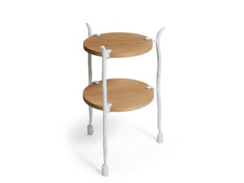 Garouste Bonetti, round side table in white wrought iron with 3 legs, and 2 tops in oak