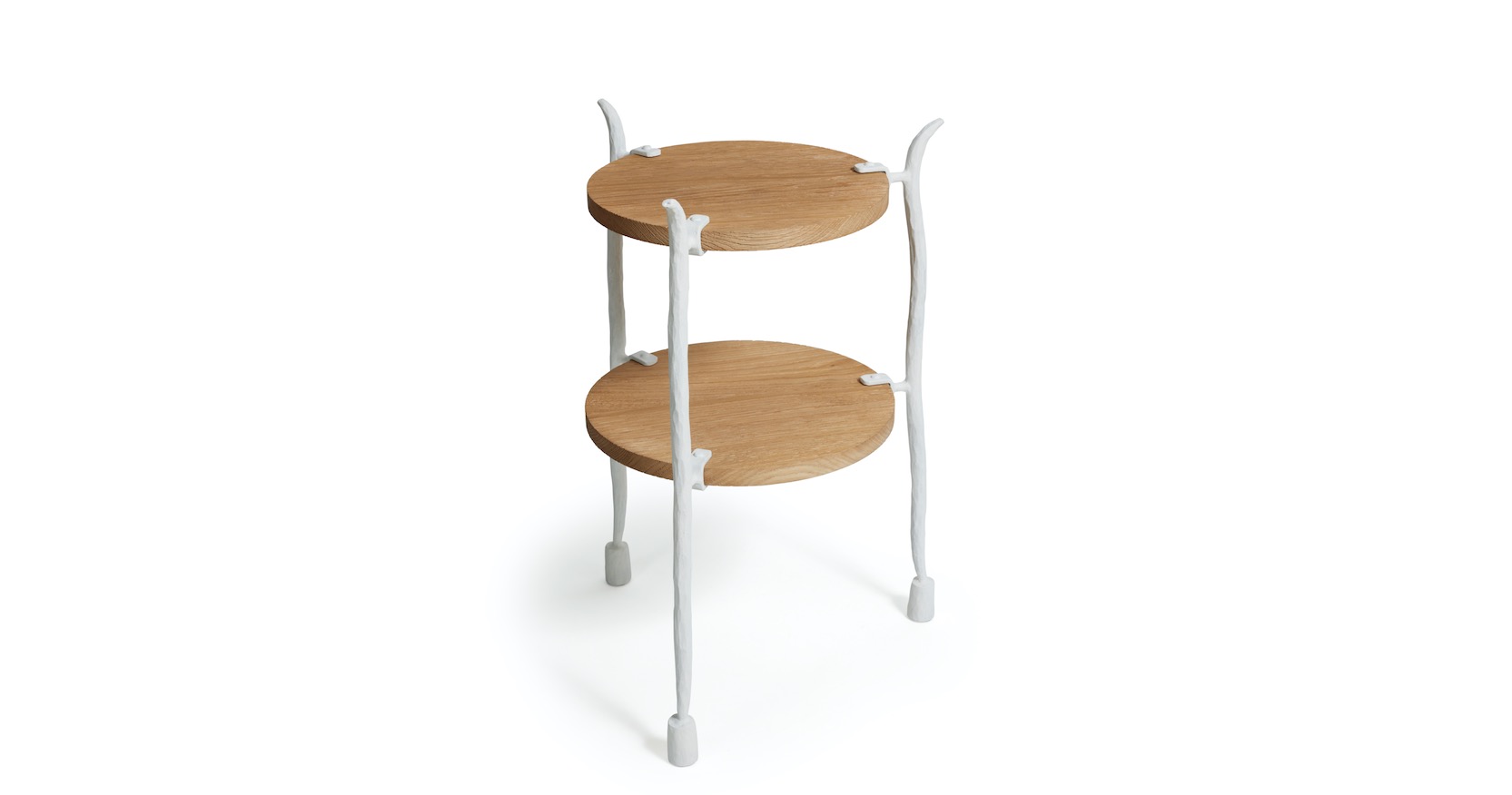 Garouste Bonetti, round side table in white wrought iron with 3 legs, and 2 tops in oak