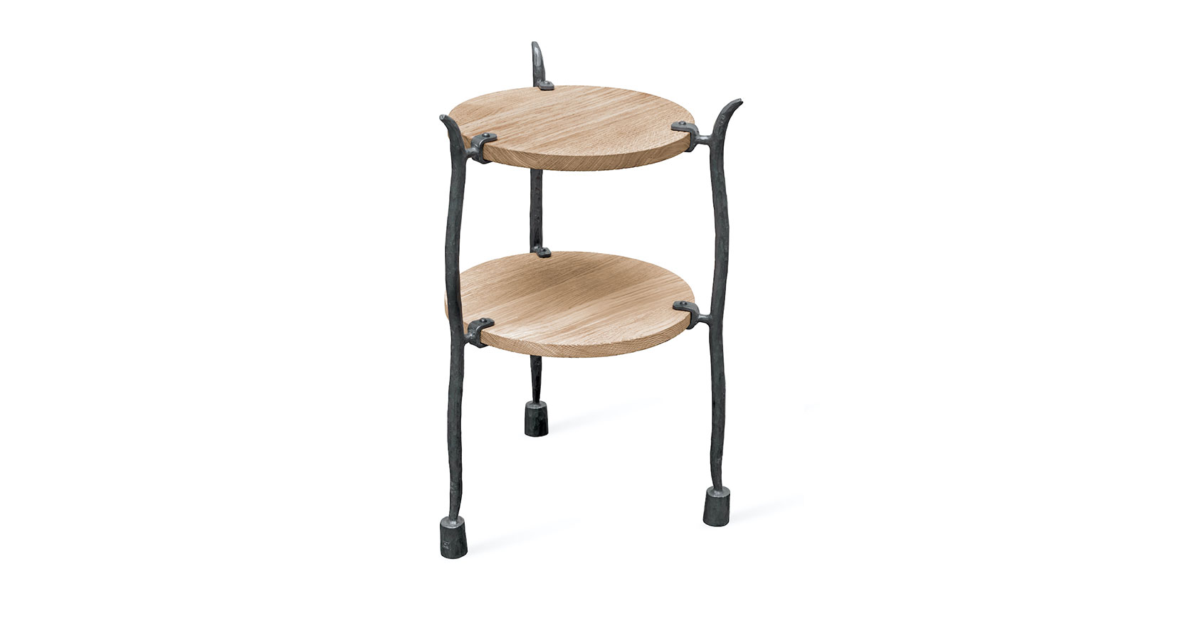 Garouste Bonetti, round side table with curved legs in black wrought iron, double top in oak