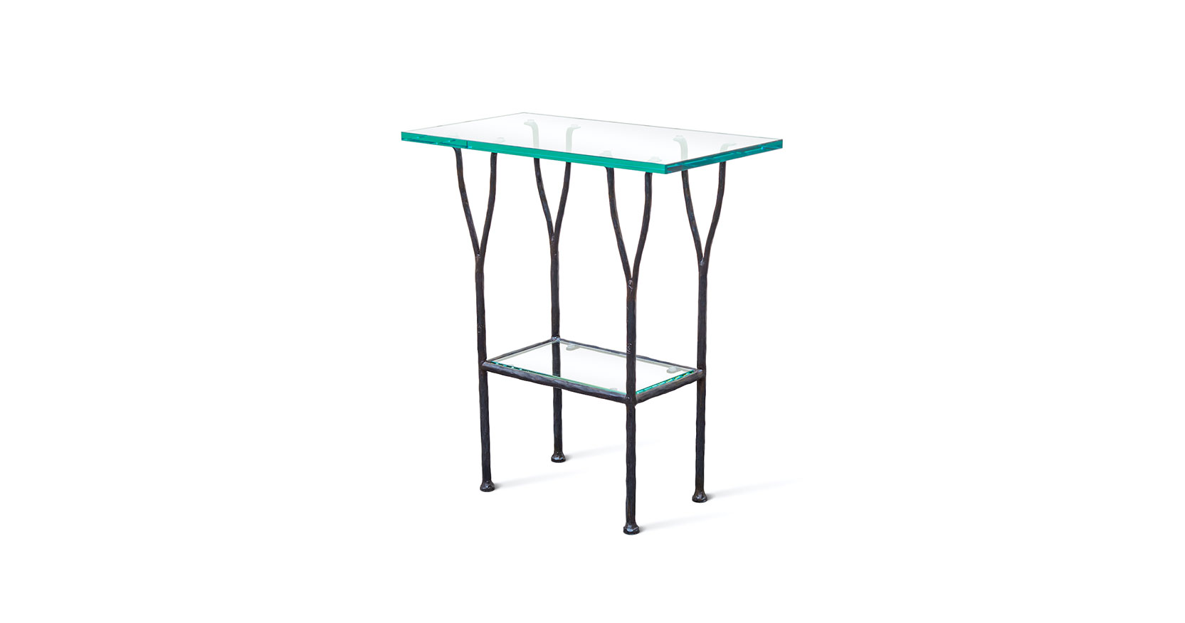 Garouste Bonetti, small rectangular minimalist table, with two glass tops, black wrought iron legs that end in 2 forks