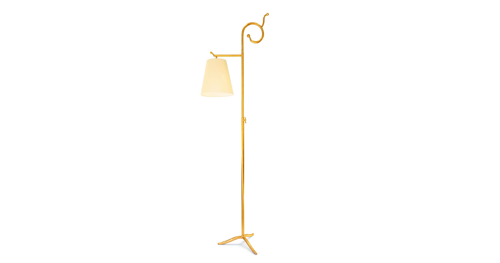 Garouste Bonetti, floor lamp in gilded wrought iron, 3 flattened curved legs, a straight stem that ends with a baroque curved shape, and a small horizontal rod from which a beige lampshade is suspended