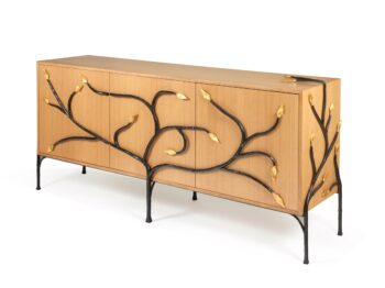 Garouste Bonetti, sideboard in oak surrounded by sculptured wrought iron in the shape of branches, which are decorated with leaves in golden wrought iron