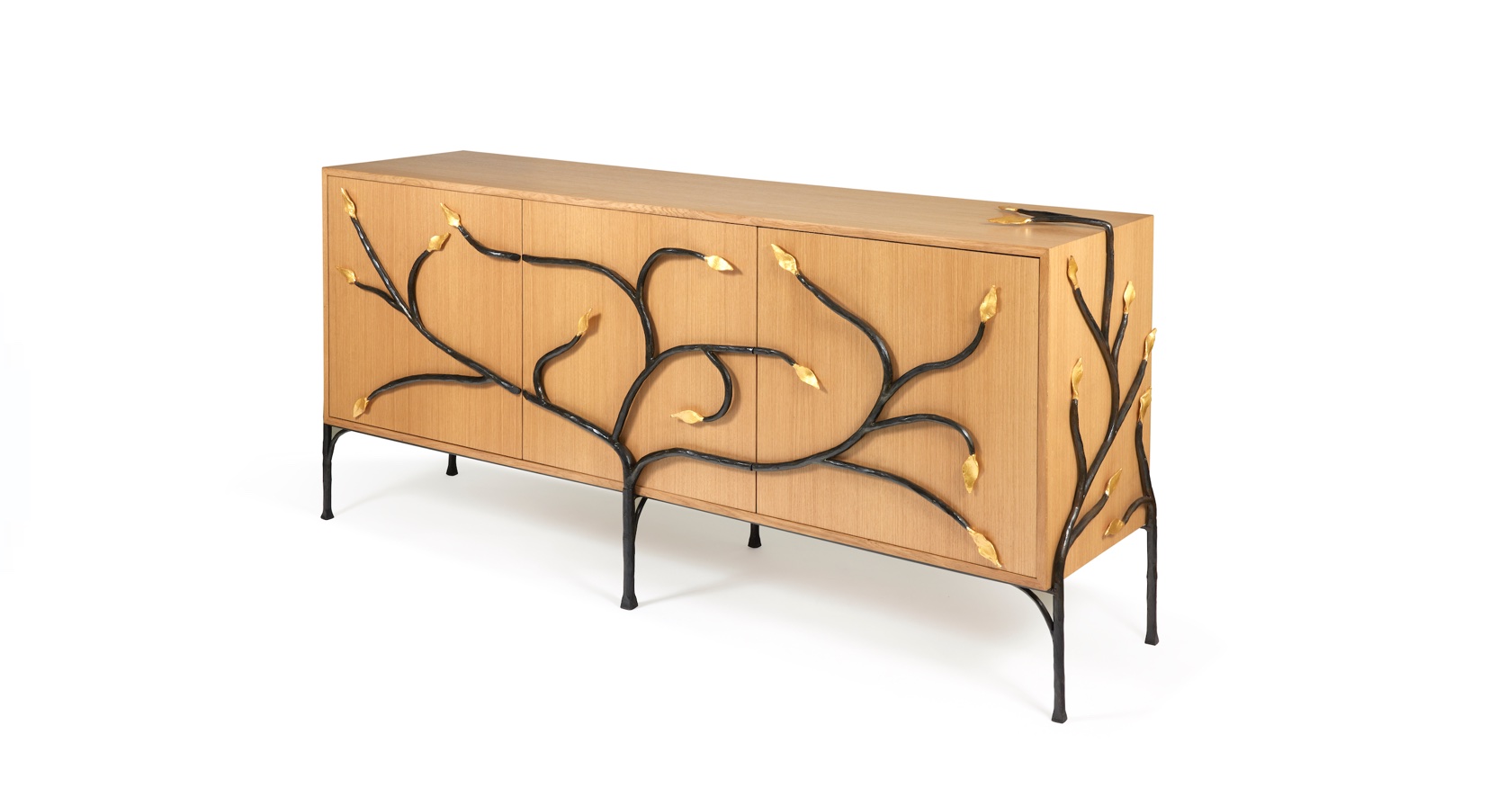 Garouste Bonetti, sideboard in oak surrounded by sculptured wrought iron in the shape of branches, which are decorated with leaves in golden wrought iron