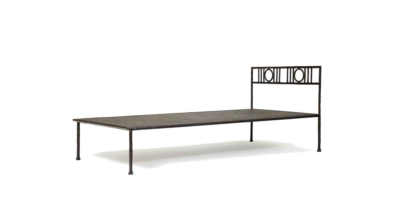 Garouste Bonetti, daybed one person in black wrought iron, bedhead with ornaments in the shape of circles and bars