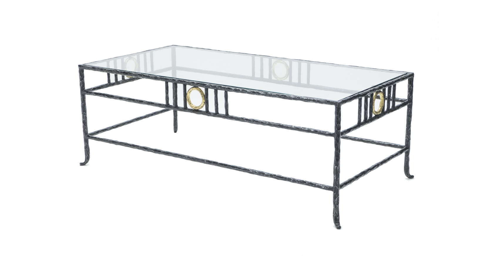 Garouste Bonetti, rectangular low table, legs in black wrought iron decorated by 4 golden circles, glass top