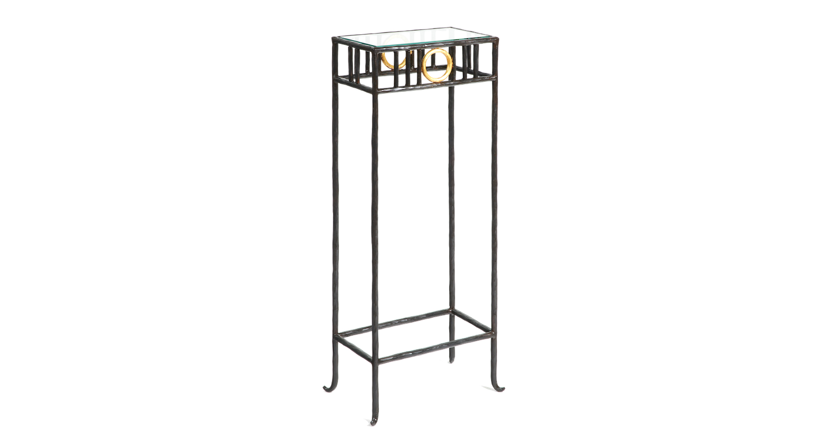 Garouste Bonetti, rectangular stand with 4 legs in black wrought iron, under the top, golden circles , top in glass