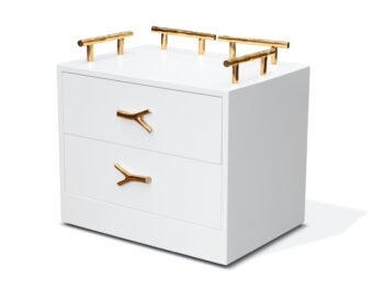Garouste Bonetti, white bedside table, in white lacquered wood, handles in golden bronze