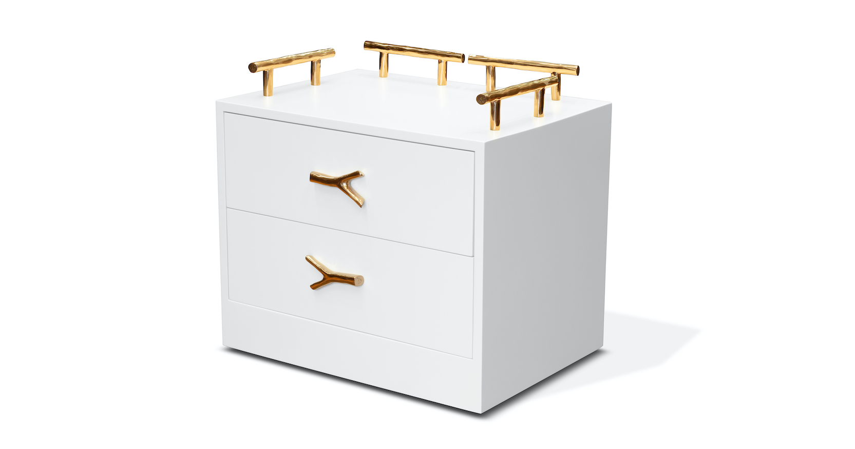Garouste Bonetti, white bedside table, in white lacquered wood, handles in golden bronze