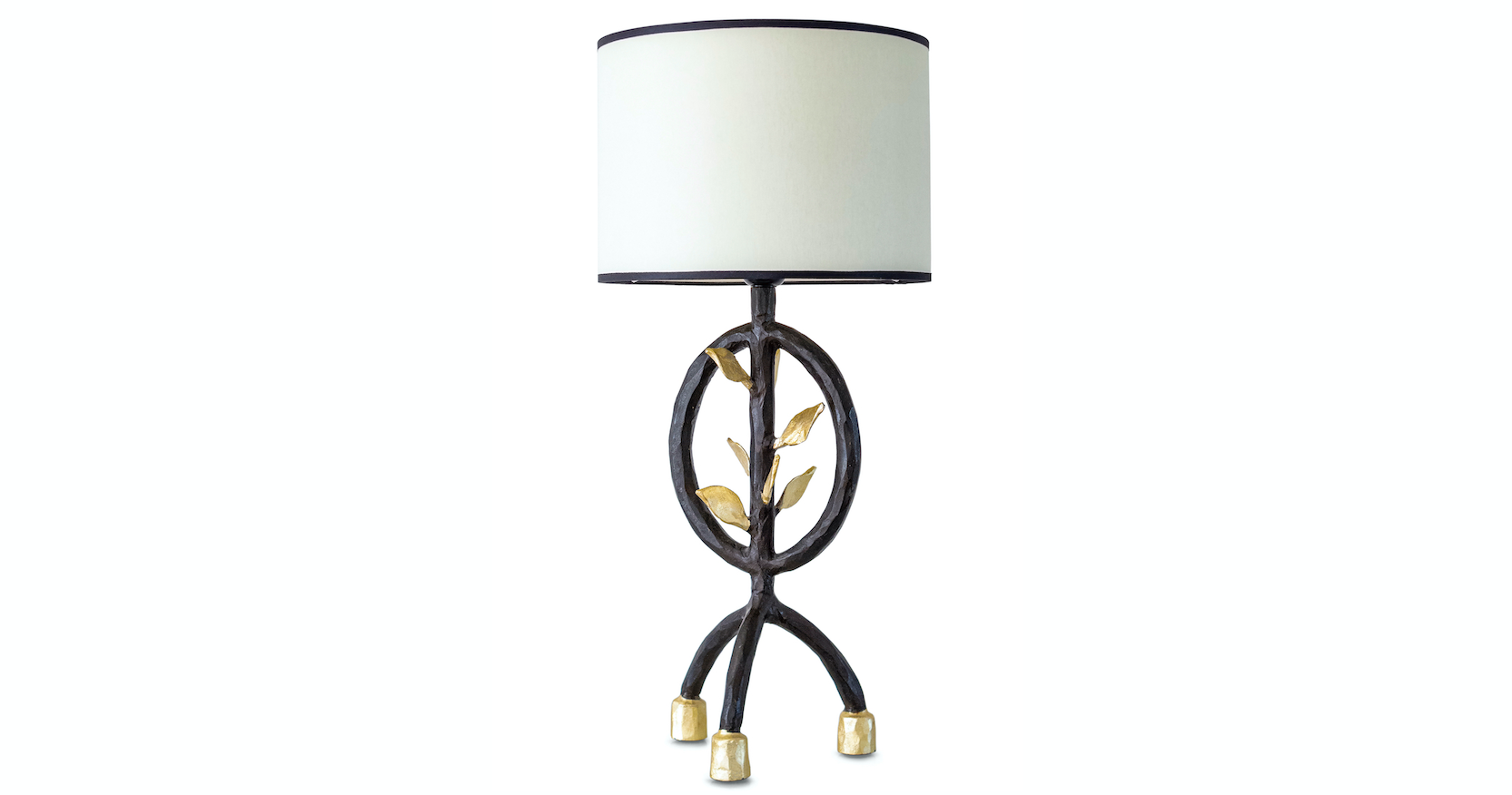 Garouste Bonetti, lamp with a base in brown wrought iron which ends by 3 legs, in the middle, golden leaves in wrought iron, beige cylindric shade