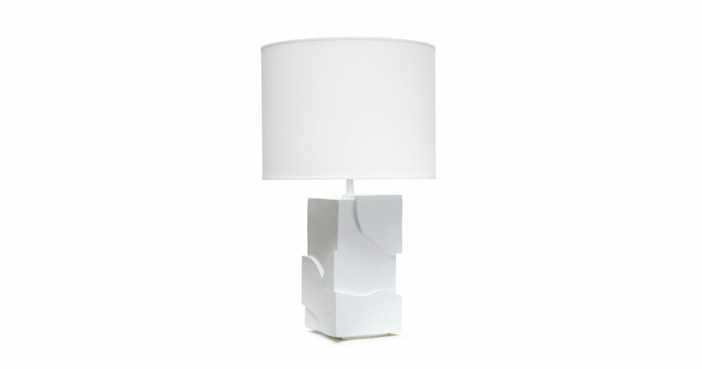 François Mascarello, lamp with a high base in white sculptured plaster with different depths, round lampshade