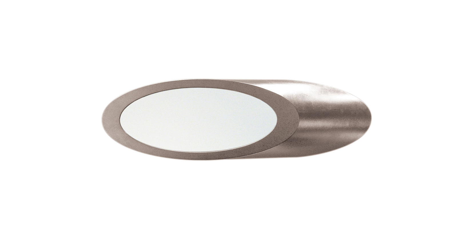Matt Sindall, futurist horizontal mirror with the shape of a spatial porthole surrounded by silvered and smooth sculpted wood
