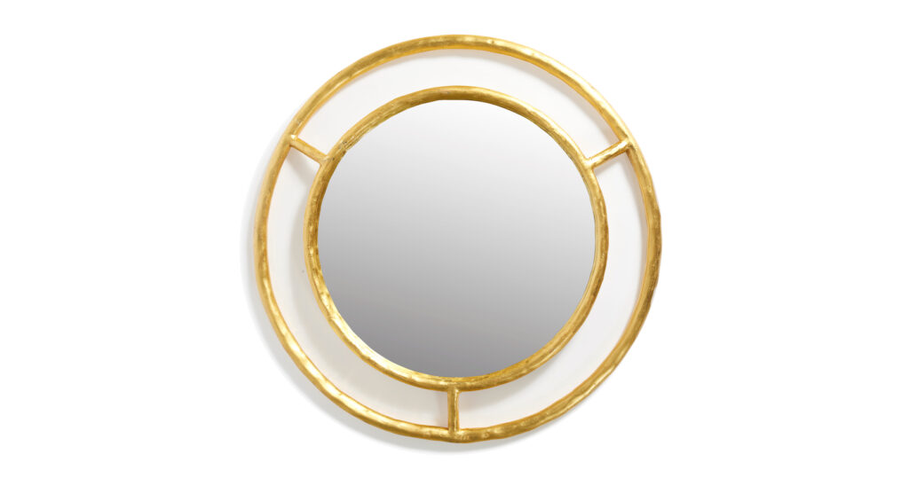 Mattia Bonetti, round mirror surrounded by 2 circles in gold wrought iron