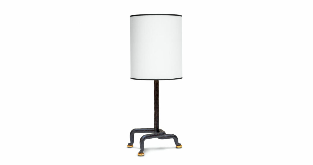 Mattia Bonetti, big desk lamp, base in wrought iron with a centrale stick, 3 curved legs with 3 golden buttons