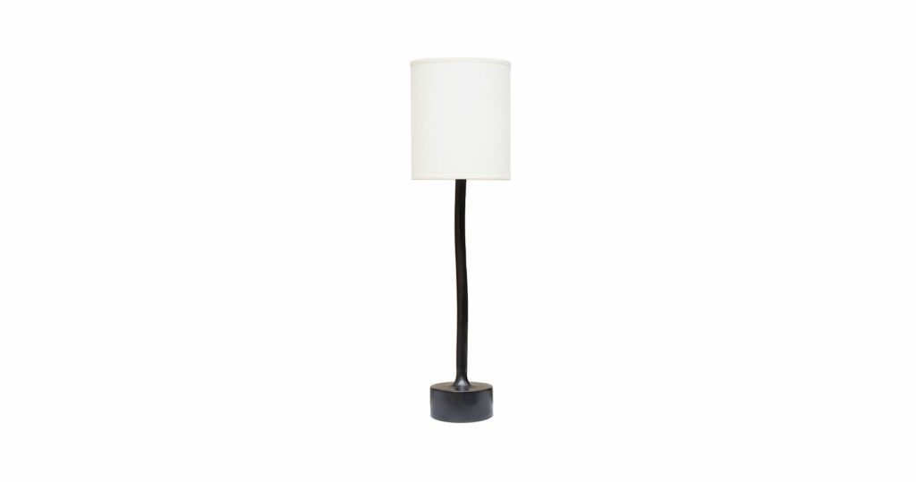 Mattia Bonetti, minimalist lamp in black bronze, round base, curved stem, white cylindric shade