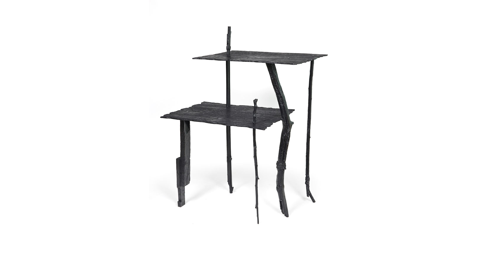 Mattia Bonetti, side table entirely in black bronze, 4 branch-shaped legs, two staggered tops, one branch pierces the upper top
