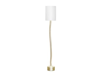 Mattia Bonetti minimalist floor lamp, with a curved shaped main stem, in silvered bronze, cylindric white shade