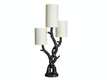 Mattia Bonetti, lamp with a sculpted base in black bronze, with the shape of 3 branches, 3 white cylindric shades