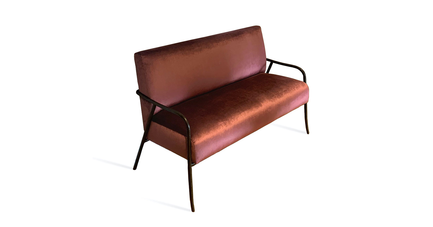 Eric Jourdan, minimalist bench with a back, done in a black rounded wrought iron frame, red velvet backrest and seat