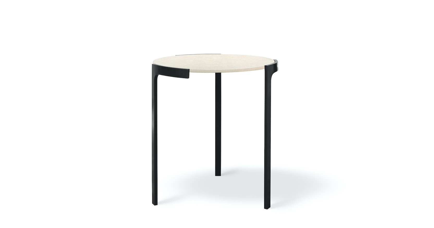 Eric Jourdan, minimalist round pedestal table, with a white parchment top and 3 simple black bronze legs, which extend into a border that surrounds the top in places