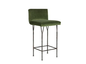 Garouste Bonetti, square minimalist bar stool with backrest. Black wrought iron legs that split upwards into forks that support the upholstered green velvet seat