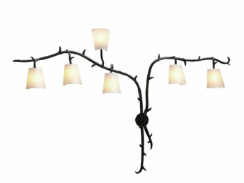 Elizabeth Garouste, spectacular wall lamp like two tree branches in black wrought iron with small thorns that cross, with 6 white screens