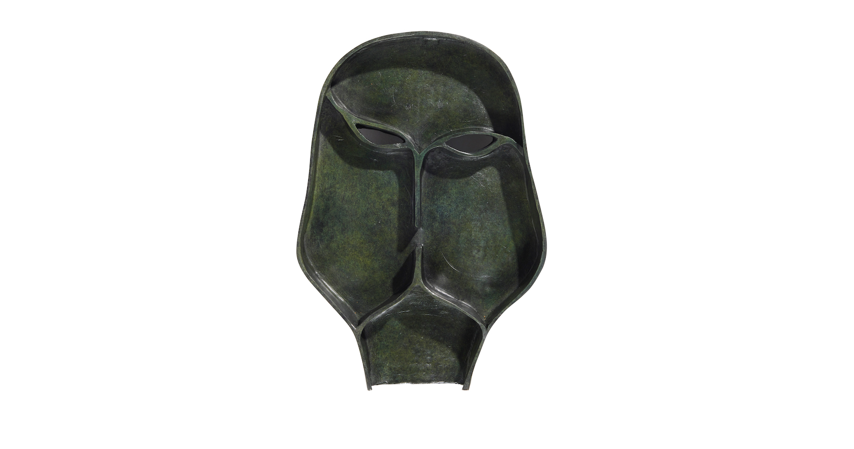 Eric Jourdan, applique masque en bronze vert en forme de visage mystérieux et antique