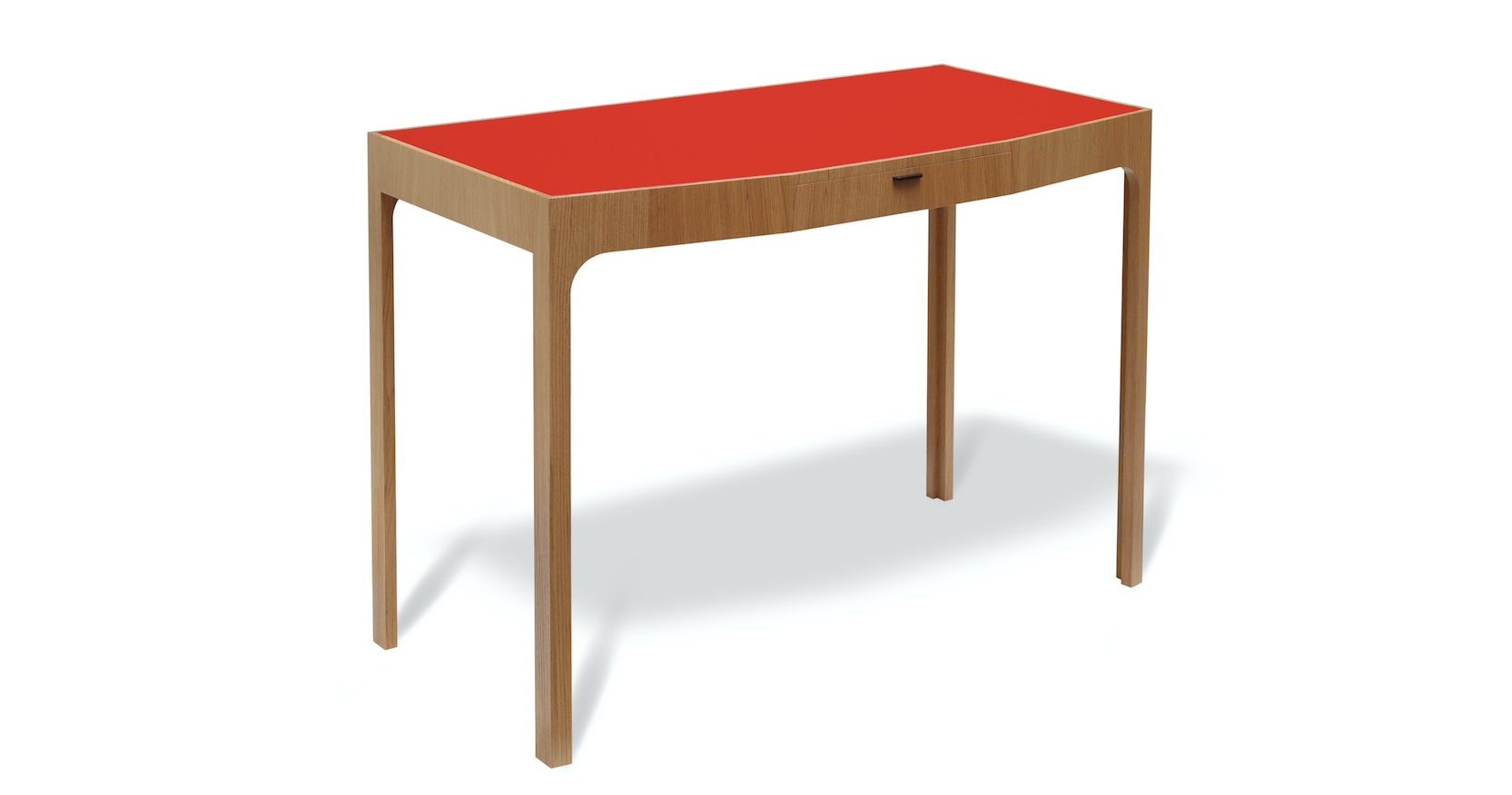 Eric Jourdan, bureau minimaliste avec pieds droits classiques en bois clair, dessus en cuir rouge, tiroir en bois clair