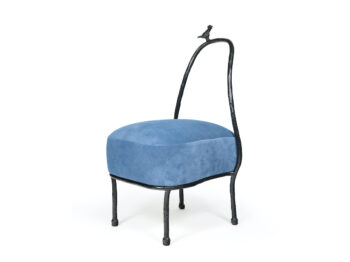 Eric Schmitt, low chair in black bronze, with a small bird at the top of the back, seat in blue fabric