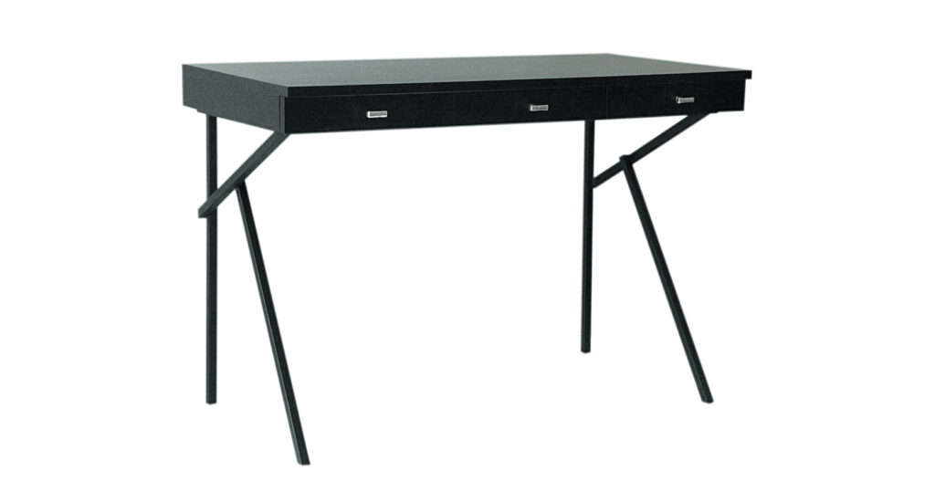 Garouste Bonetti, bureau minimaliste avec pieds en fer noir en forme de K, plateau en bois foncé avec 3 tiroirs