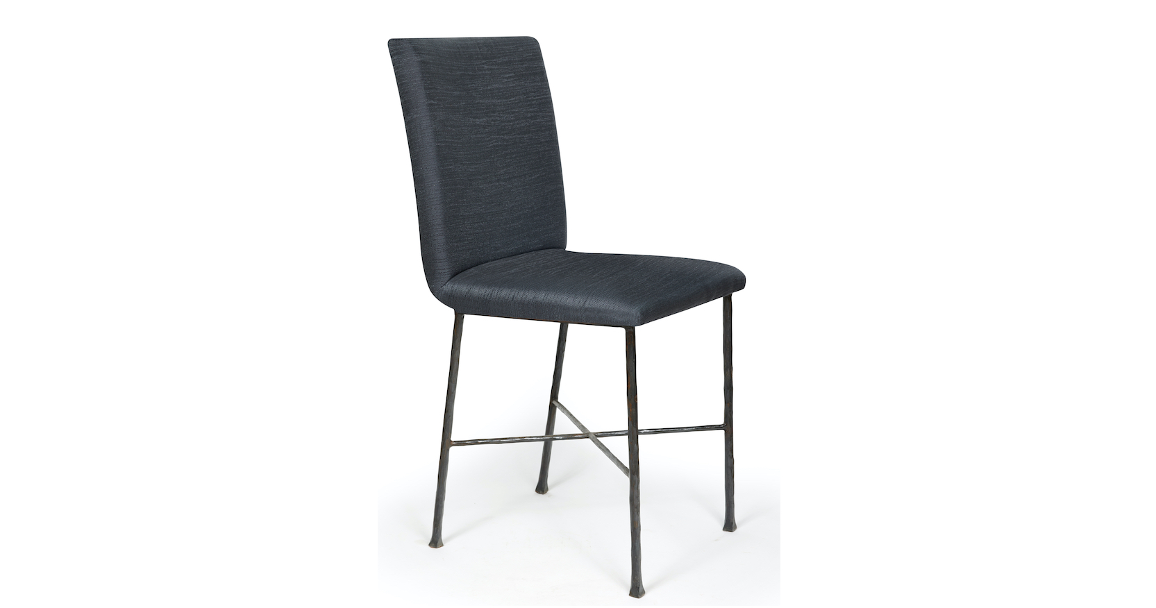 Garouste Bonetti, chaise minimaliste en fer forgé noir, assise et dossier en tissu noir
