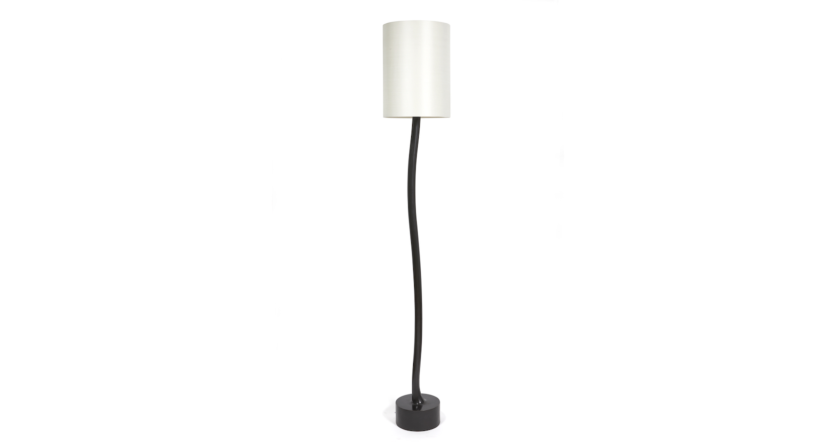 Mattia Bonetti, minimalist floor lamp in black bronze, round base and sinuous stem evoking a snake, white cylindrical lampshade