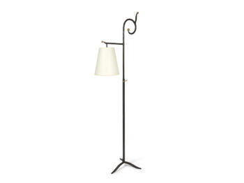 Garouste Bonetti standing lamp in bronwn wrought iron, stick which ends with 3 feet, at the top, a,n ornaments with the shape of an epicopal crook