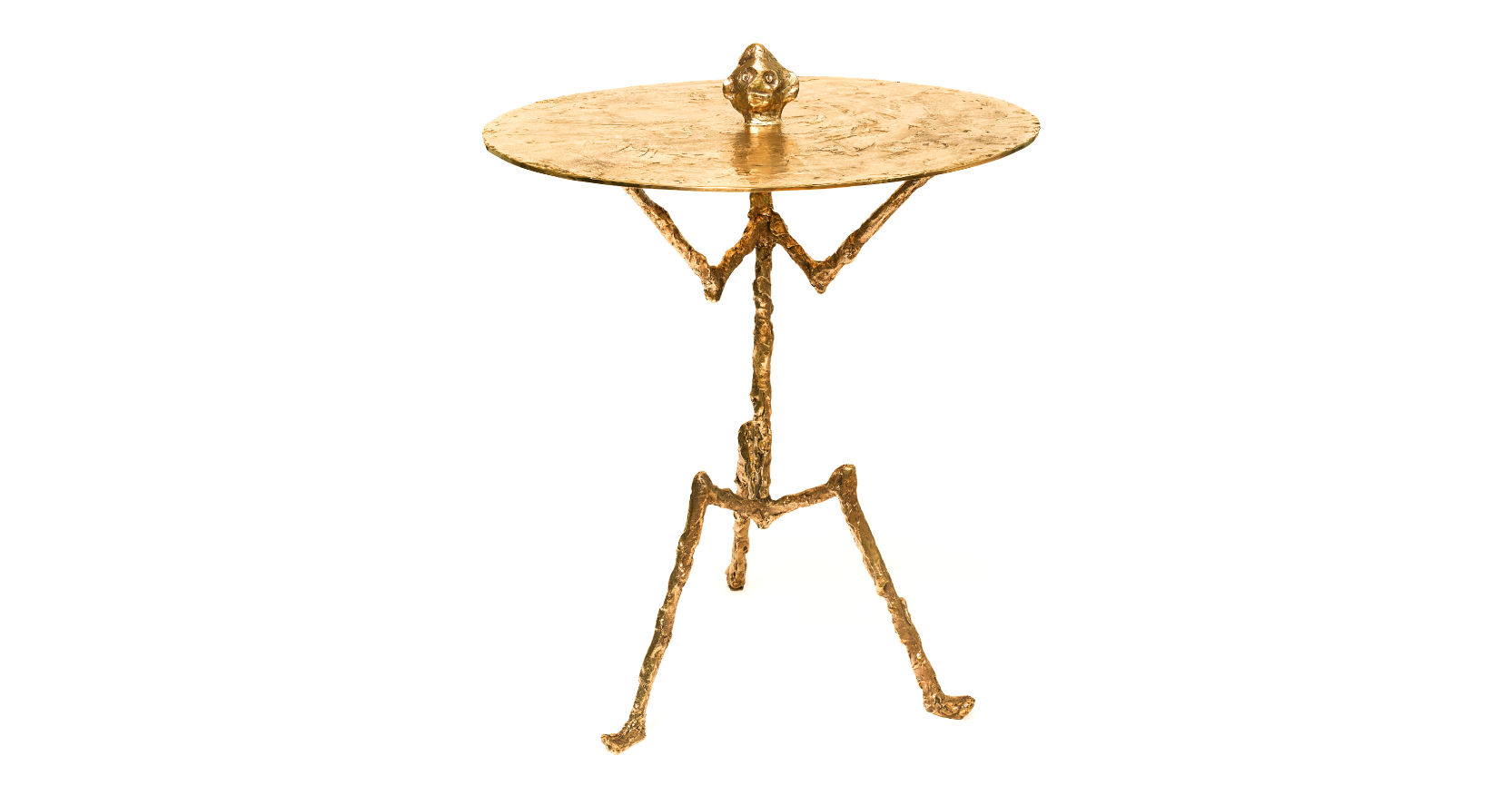 Elizabeth Garouste pedestal table in gilded bronze, representing a three-legged character, carrying a tray, with a head sticking out in the middle of the tray